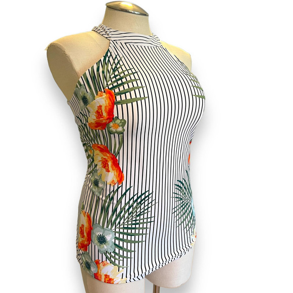 Lane Bryant Cacique 22 Tropical Striped One Piece Wireless High Neck Swimsuit - Picture 3 of 5